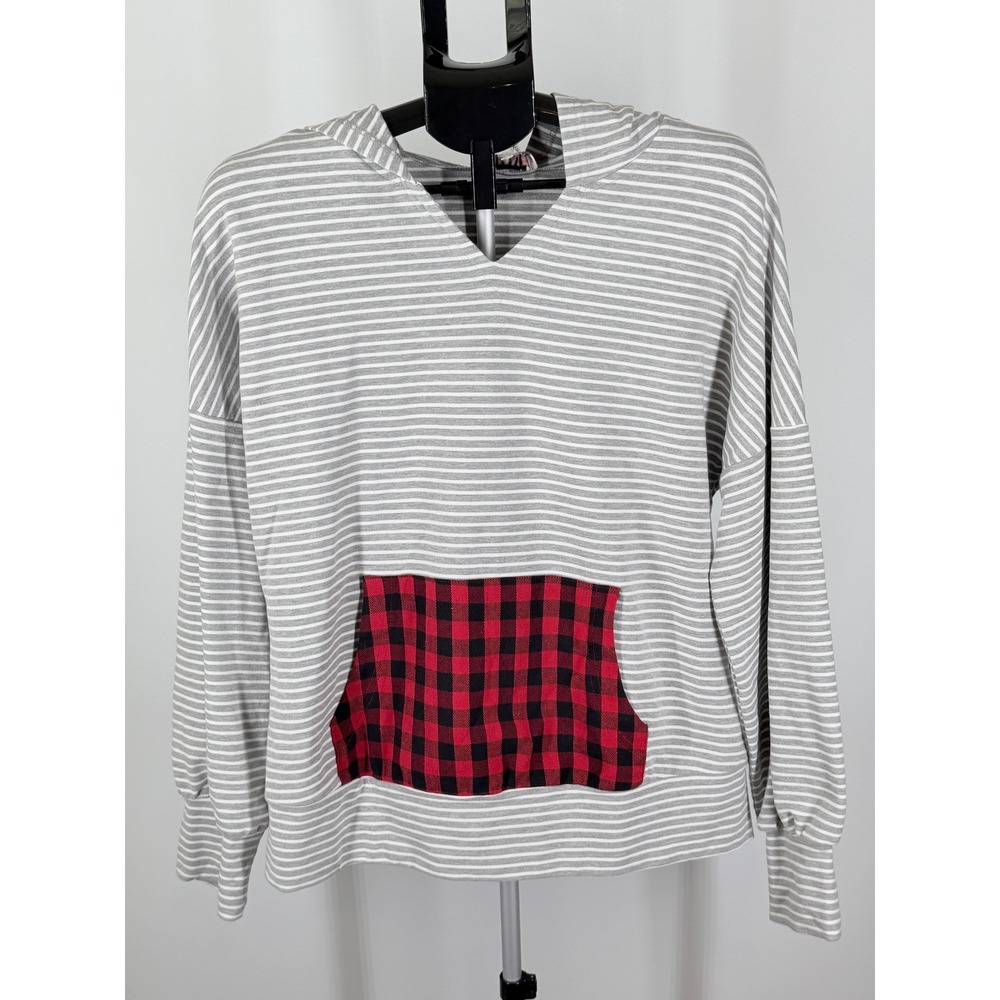 Andree by Unit Gray White Striped Buffalo Plaid Pocket Hoodie Top Womens L